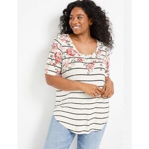 Maurices Women's Large 24/7 T-Shirt Floral Pink Black & White Stripes Casual